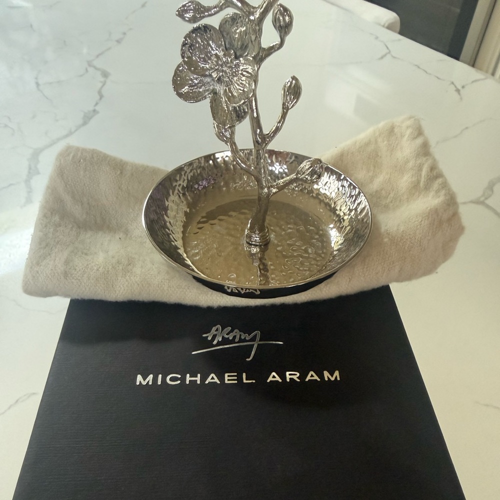 Michael Aram Silver Floral Stem Ring Dish